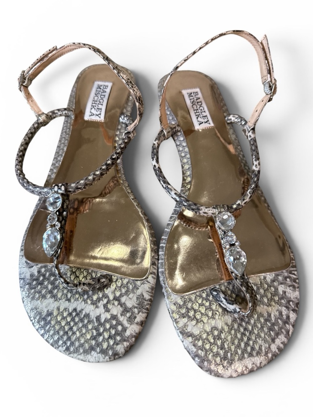 Badgley Mischka Snakeskin Crystal Rhinestone Embellishment Flat Sandals Size 8.5